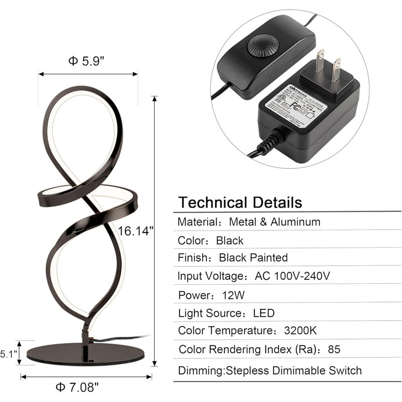 Black Bedside Lamp With Stepless Dimming Switch