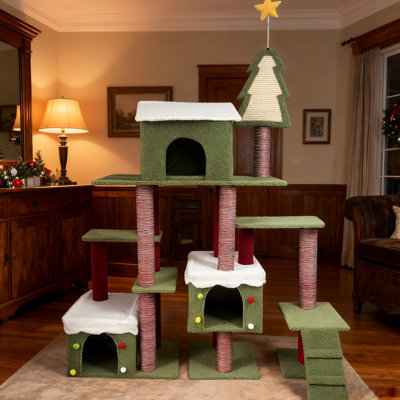 Très grande tour de chat de Noël de 70 pouces pour chats d'intérieur, avec un thème et une structure festifs, avec des plates-formes enneigées Assemblage facile