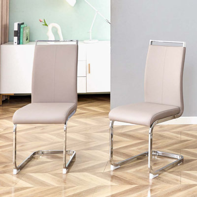 Chaises de salle à manger modernes, chaise d'appoint rembourrée en similicuir à haut dossier en polyuréthane avec pieds en métal chromé en forme de C pour la salle à manger, chaise de bureau, meuble-lavabo et patio (ensemble de 2) (gris clair + pol