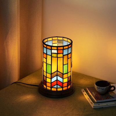 Lampe de table en verre coloré de style Tiffany - veilleuse cylindrique bohémienne pour chambre à coucher, salon, bureau ou table de chevet - décor rétro fabriqué à la main avec base