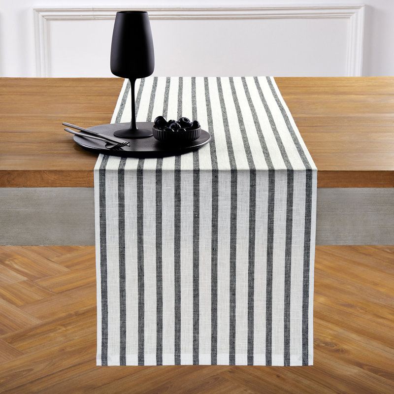 Madison Stripe - 100% Pure Linen Table Runner, Black and White, 90" x 14"