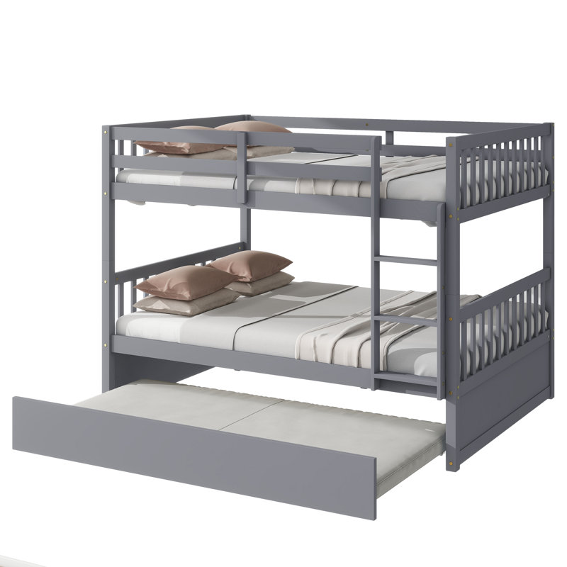 Grey Full Over Full Bunk Bed Rubber Wood Trundle, Gray