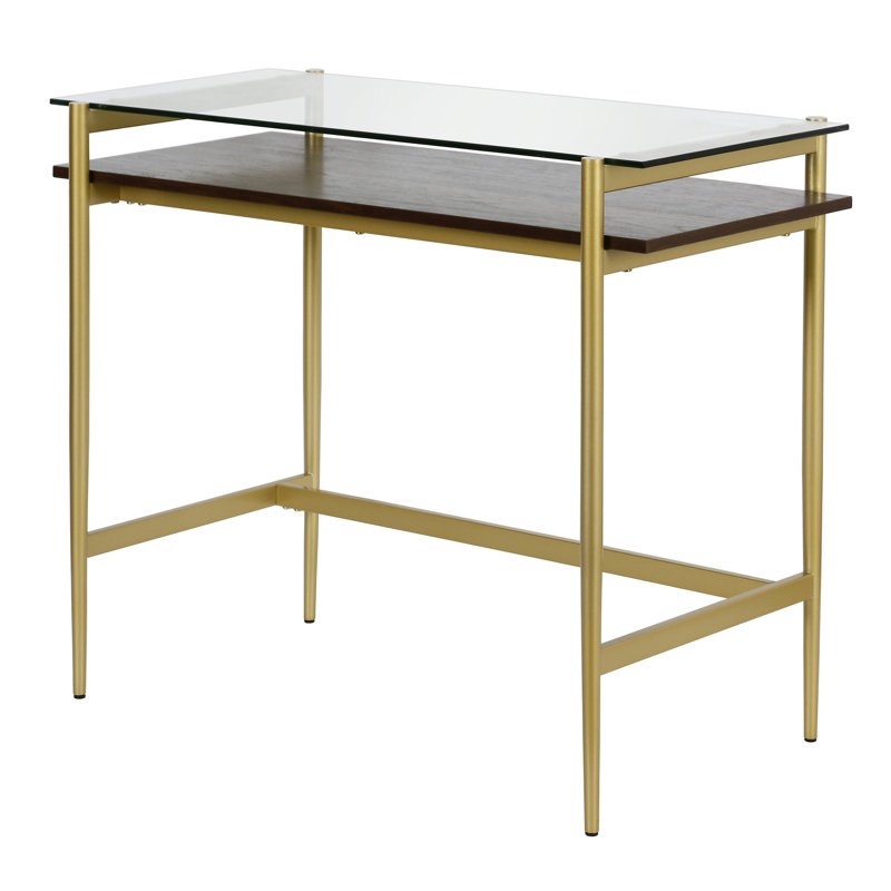 Glass Top Metal Base Writing Desk, Gold/Brown