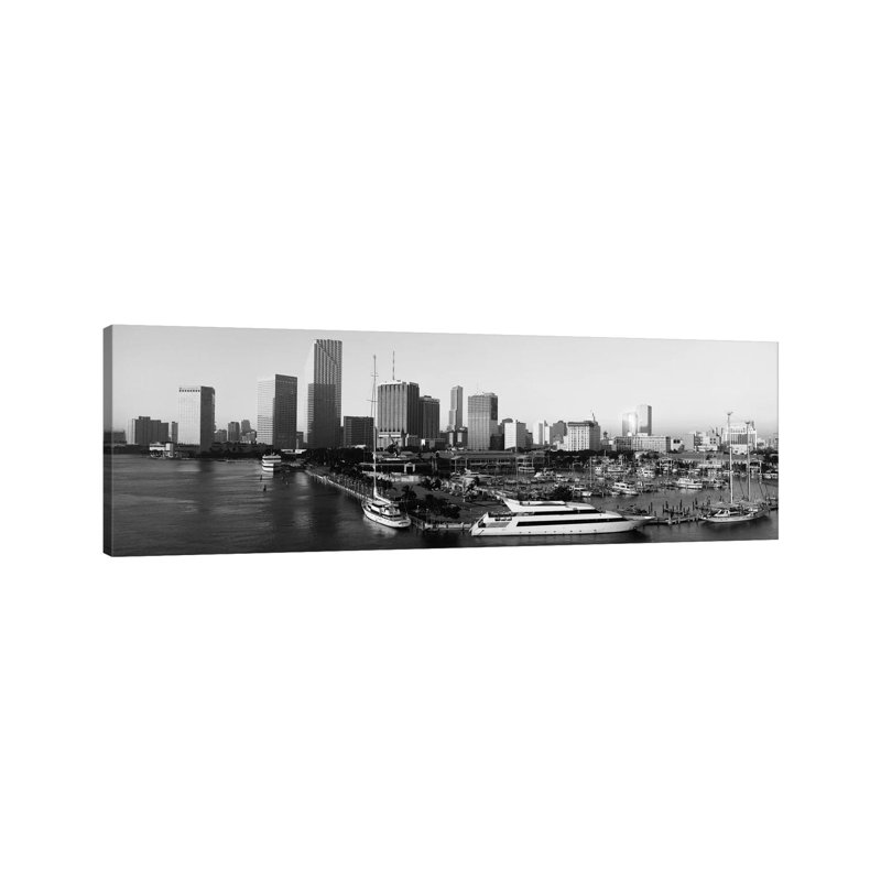 Miami Panoramic Skyline Cityscape (Black & White - Sunrise) by Unknown Artist - Wrapped Canvas Panoramic Print