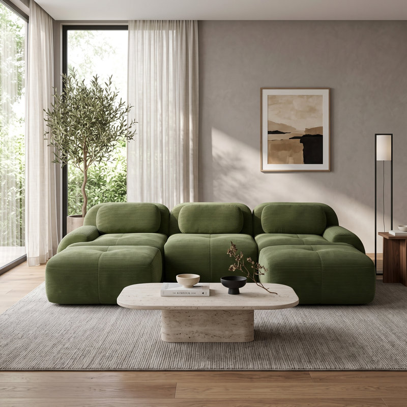 Canapé modulaire 3 places en velours côtelé vert avec 2 poufs et accoudoirs incurvés doux, 3 Seat+2 Ottoman