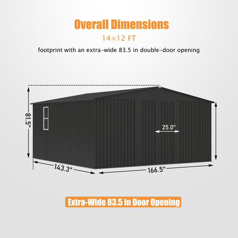 Remise de rangement extérieure en métal l 14 pi. X P 12 pi. Avec 2 fenêtres et portes doubles