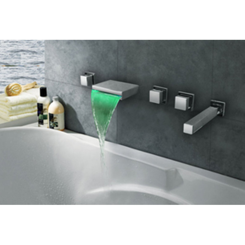 Robinet pour baignoire à DEL à 5 poignées à fixation murale à 3 trous Juno, corps en laiton massif avec lumières à changement de couleur