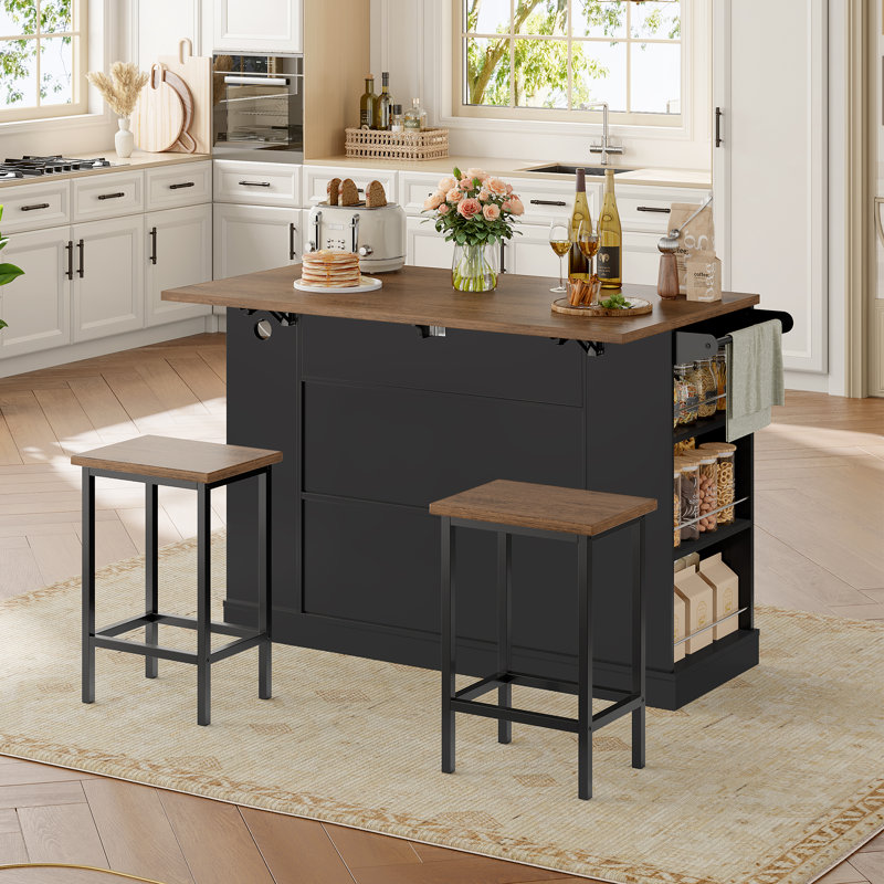Chariot pour îlot de cuisine 3 pièces avec prises de courant, 2 tabourets et plateau rabattable | Chariot de service mobile avec rangement et roues amovibles