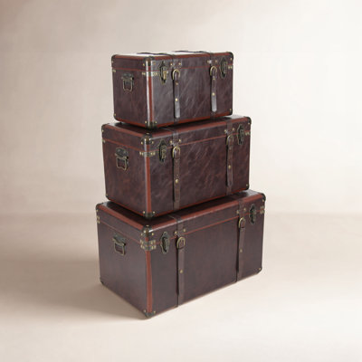 Brown Faux Leather Nesting Upholstered Decorative Trunk with Vintage Gold Accents and Studs, Set of 3