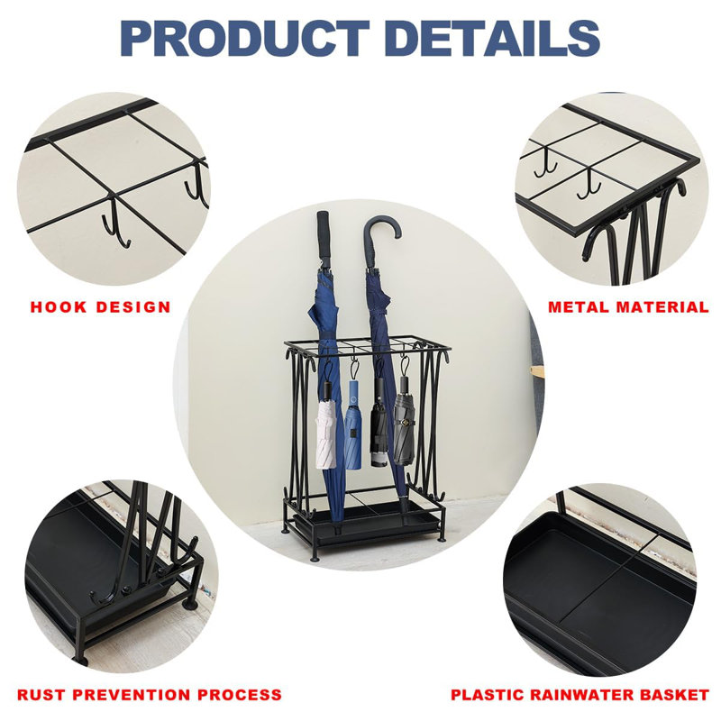 Black Metal Indoor/Outdoor Umbrella Stand with Removable Drip Tray
