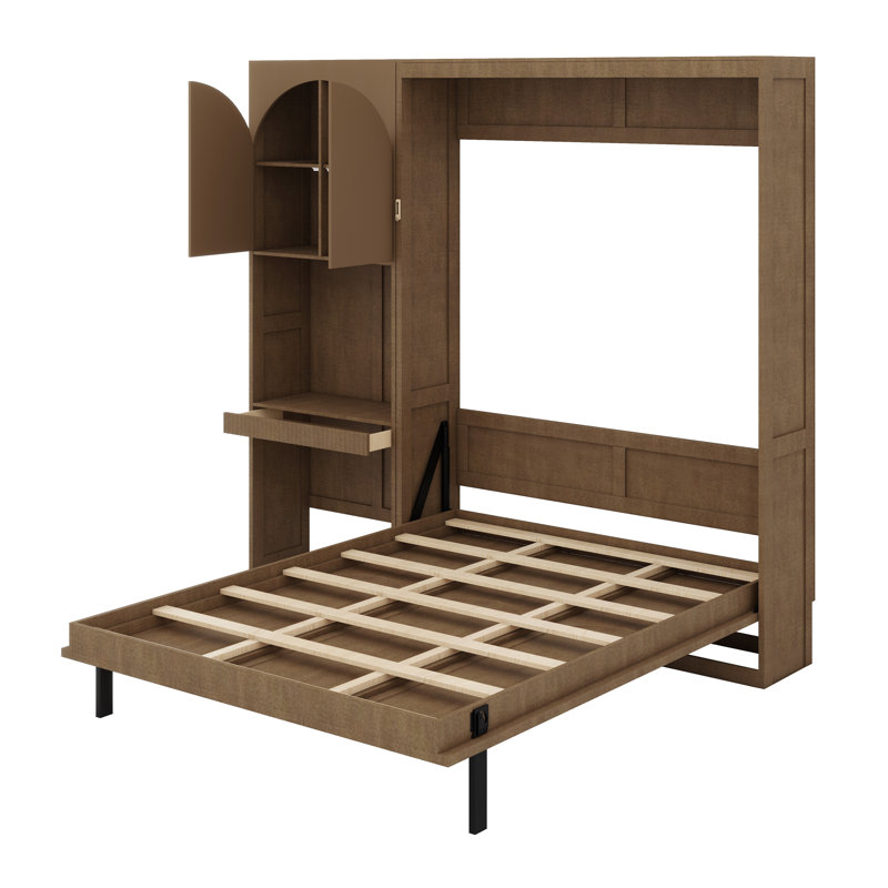 Lit escamotable avec armoire réversible de gauche à droite, lumières DEL et tiroirs de rangement, Noyer