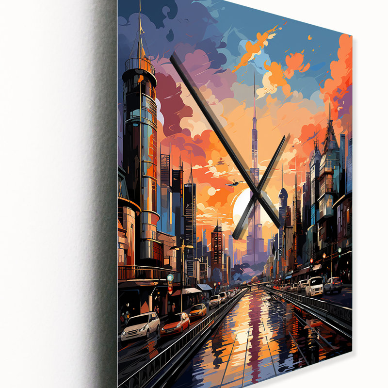 City Dubai Popart I - Cityscapes Wall Clock Oversized, 32" H x 24" W x 1" D