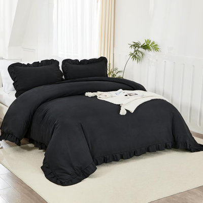 Black Full Size Comforter Sets, 3 Pieces Ruffle Farmhouse Aesthetic Bedding Comforter Sets, All Season Soft Lightweight Fluffy Microfiber Bed Set(79X90in Comforter, 2 Pillowcases)