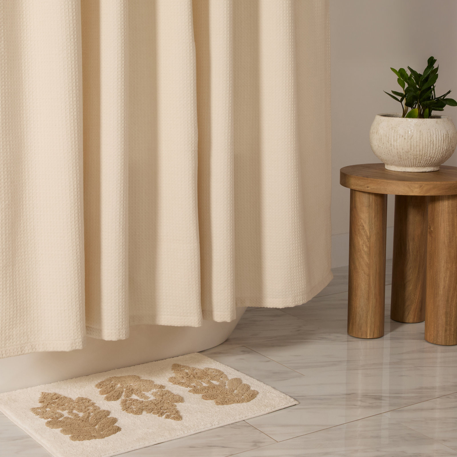 Waffle Textured Cotton Blend Shower Curtain, Ivory