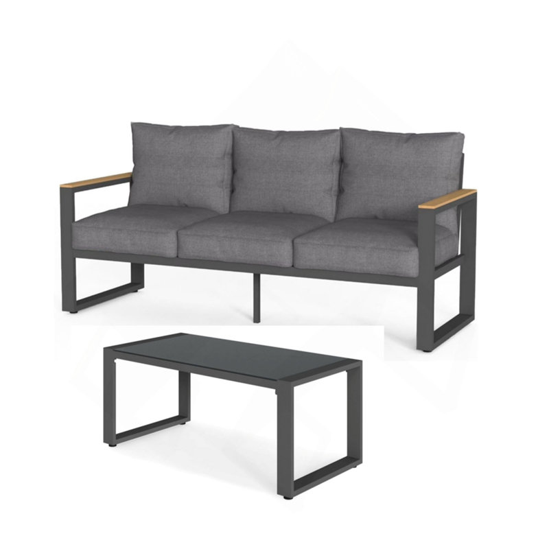 2-Piece 3-Seat Outdoor Sofa Couch Set, 75" All-Weather 3-Seat Aluminum Patio Sofa with Thick Cushions  & 44" Glass Coffee Table