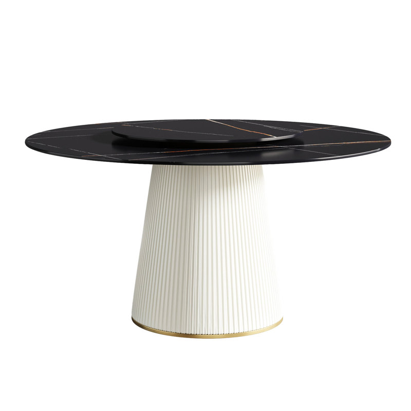 Table de salle à manger en pierre noire - 60,62 po de hauteur, 30,41 po de hauteur, contreplaqué beige pour 8 personnes, disque rotatif à percussion moderne de 60,62 po x 8,6 po