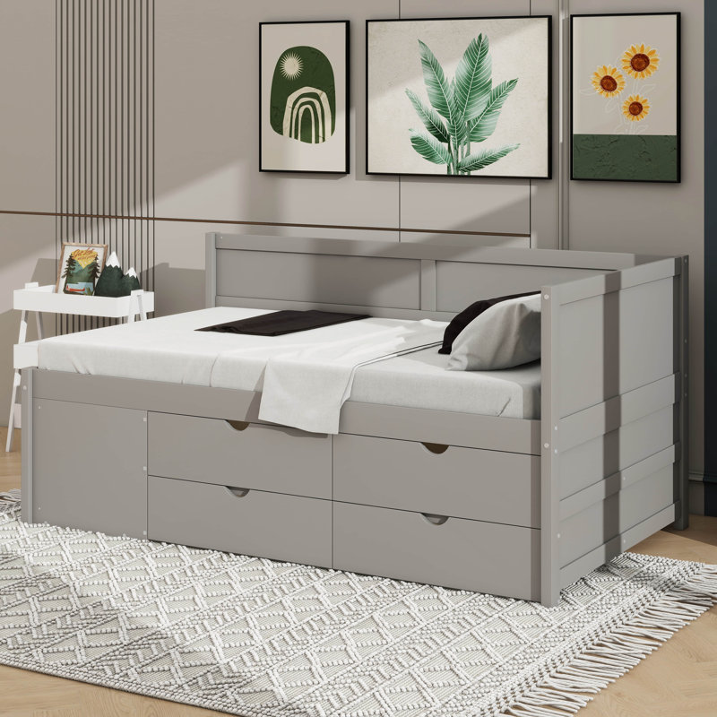 Daybed With Built In Drawers And Shelves, Grey, Twin