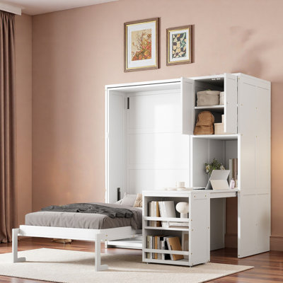 Lit escamotable avec armoire supérieure, bureau extensible et bibliothèques ouvertes