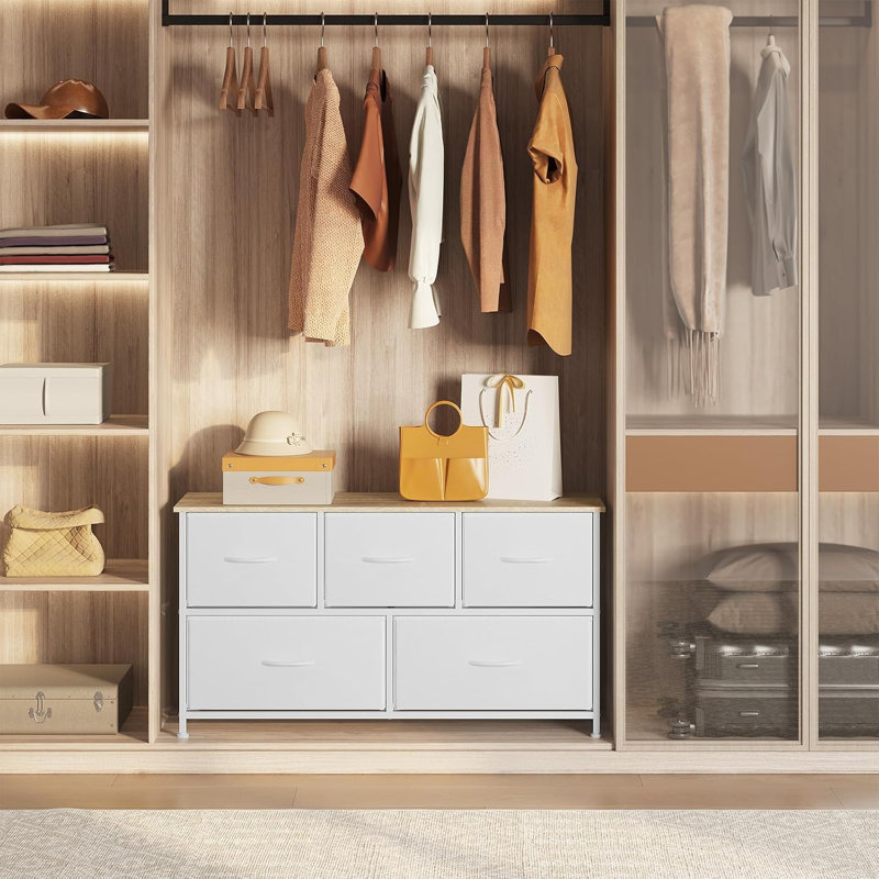 Chest of Drawers with 5 Fabric Drawers, White