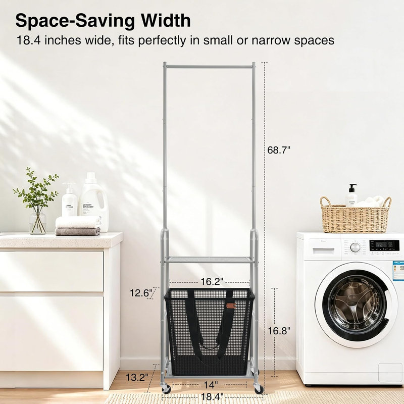 Chariot à linge 3-en-1 avec support suspendu, panier à linge roulant compact avec barre de suspension, panier à linge amovible, tablette de rangement, roues verrouillables pour les petits espaces