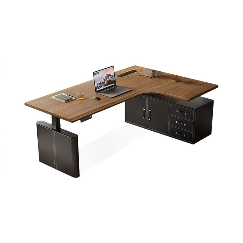 Bureau à 3 tiroirs en noyer massif + en bois massif manufacturé + en acier au carbone + réglable en L noir, Retour à droite