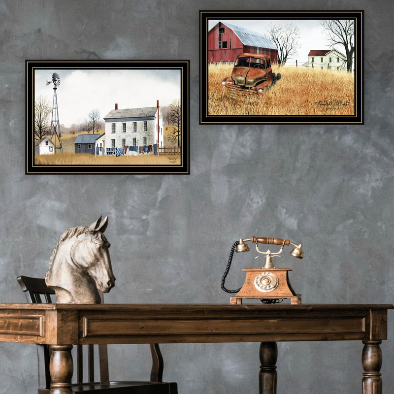 2 décorations murales: le vieux camion Washday et Granddad's. Oeuvre encadrée noire. Bois + papier. 14 "X1" X20 ", 5Lb. Salon, chambre à coucher, décoration de la maison. Œuvre d'art améliorée: Encadrée. Multicolore, pièce