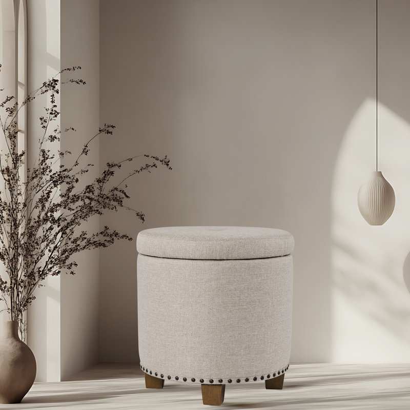 Mayen 19" Wide Round Storage Ottoman, Light Brown Fabric
