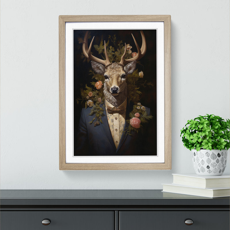 Stag Baroque No.2 - Single Picture Frame Print on Wood, Oak Framed, 34cm H x 25cm W x 2cm D
