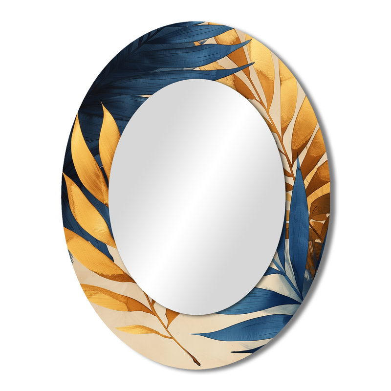 Doré et bleu feuilles de palmier dans la jungle II - Miroir décoratif floral ovale sur métal, 43 po x 33 po
