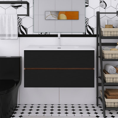 Meuble-lavabo mural noir et noyer 36 po avec lavabo en céramique