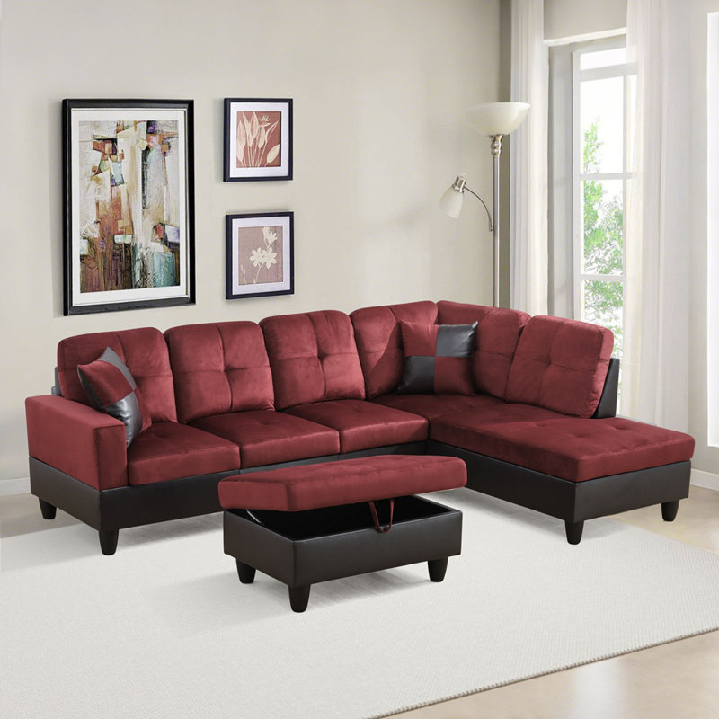 Canapé modulaire en L 3 pièces, méridienne et repose-pieds Lorcan - bourgogne / brun foncé - 2 tons, Orienté à droite