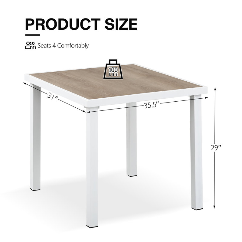 3FT Aluminum Patio Dining Table for 4, Waterproof All-Season Outdoor Table, Wood-Look E-Coated, White, White/Natural