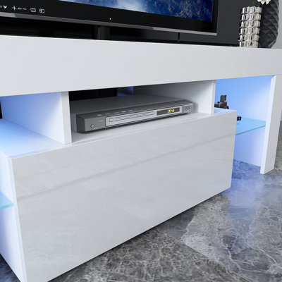 Meuble télé moderne pour salon et chambre à coucher, convient aux téléviseurs de 55 po, avec grand rangement, tablette en verre, porte rabattable vers le bas, façade ultrabrillante, façade de porte blanche et chambre à coucher