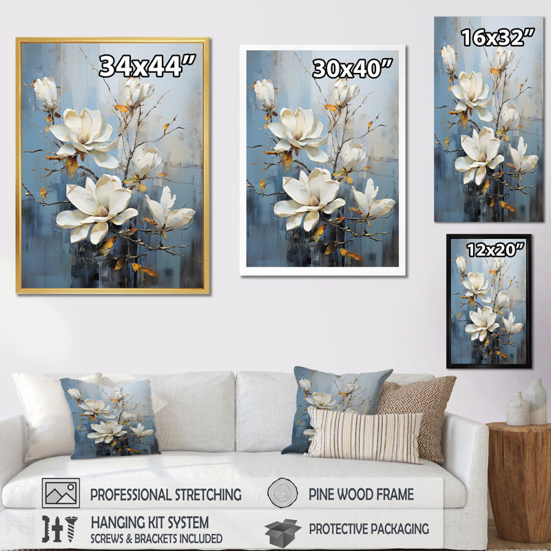 «Magnolias Bloom In White V», reproduction sur toile, Cadre flottant doré, H 20 po x l 12 po x P 1 po