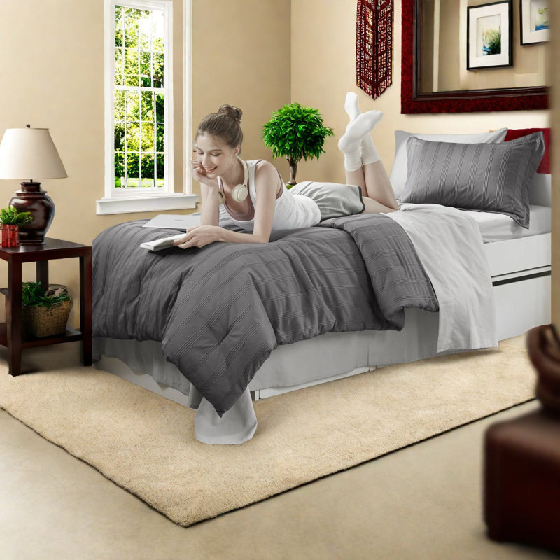 Soft Twin/twin Xl Bedding Set With Woven Stripes, Modern Polyester Comfort