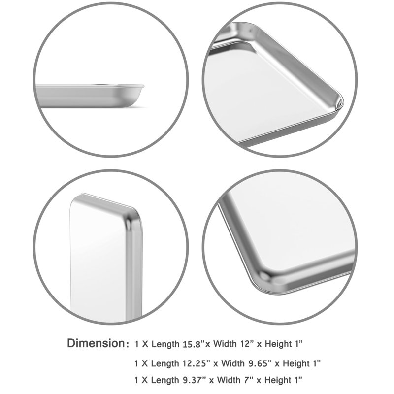 Baking Sheet Set Of 3, Stainless Steel Cookie Sheet Baking Sheet Pan, Non Toxic & Heavy Duty & Easy Clean，Silver