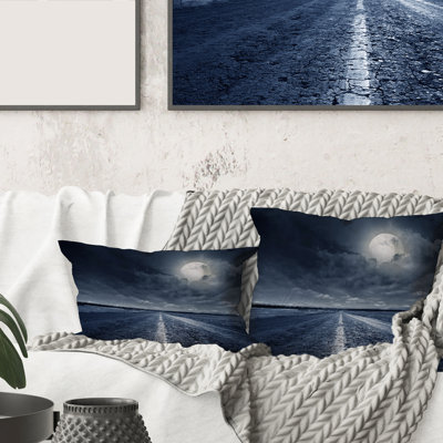 Square,Asphalt Road Under Cloudy Full Moon I - Nautical & Coastal Printed Throw Pillow