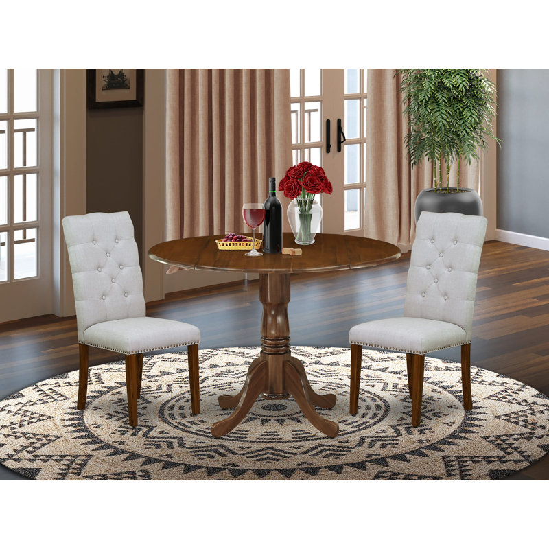 3 Piece Kitchen Table & Chairs Set Consist of a Round Dining Table with Dropleaf and 2 Upholstered Parson Chairs, 42x42 Inch, Antique Walnut