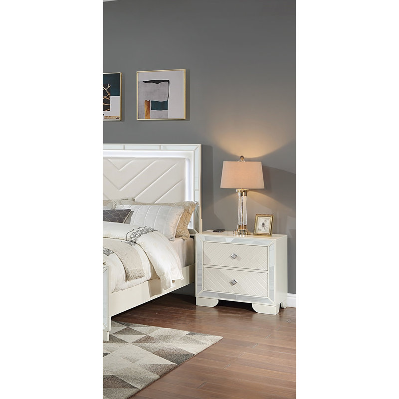 Table de chevet en bois crème 2 avec charnières sans fil et poignées en diamant