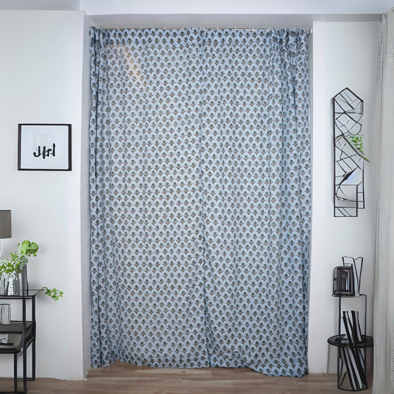  Hand Block Printed Curtain in Coloured Linen with Artisan Floral Design - Genda pushp, 54" W x 102" L
