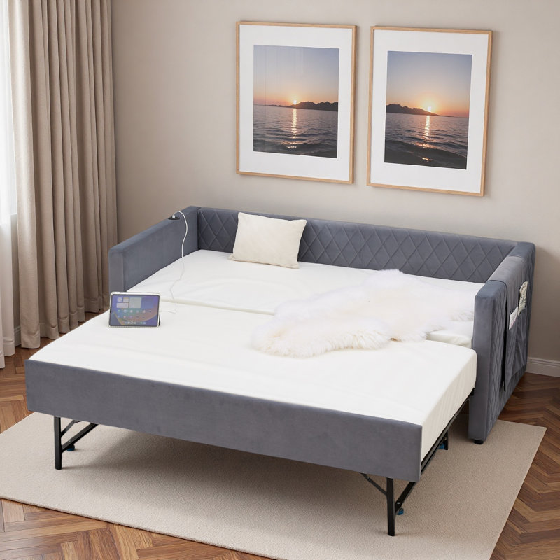 Diamond Grid Velvet Daybed With Usb Charging, Side Pocket And Trundle, Emerald