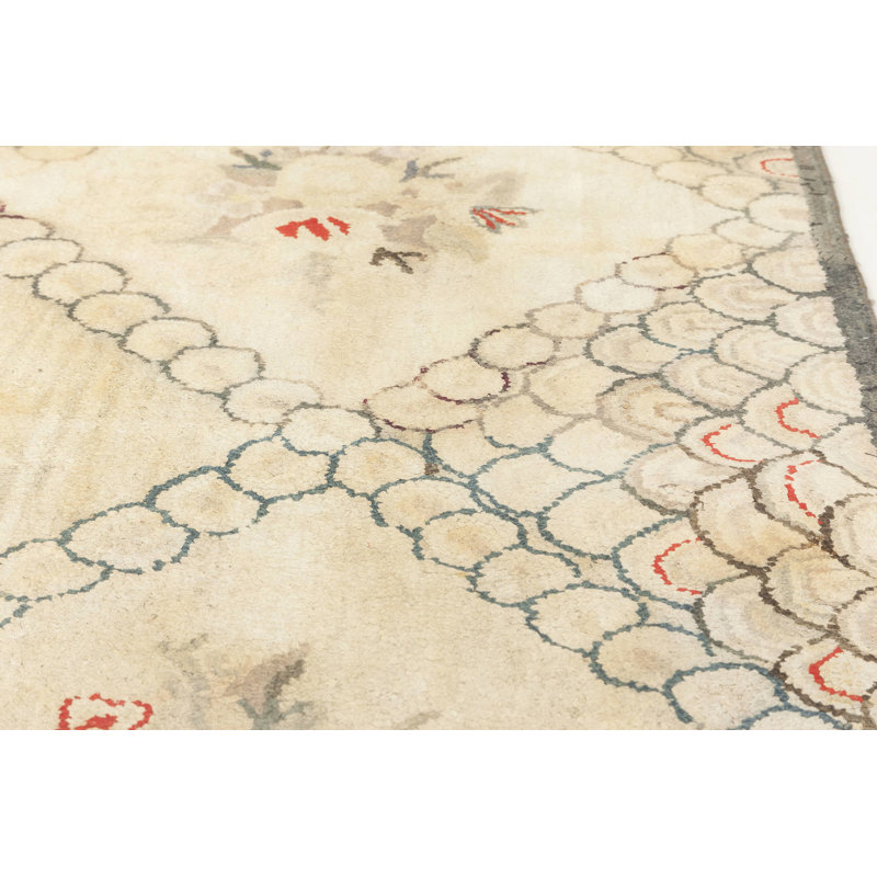 Tapis à motif floral beige / rouge / gris en laine fait à la main 8 pi 9 po x 11 pi 10 po Vintage
