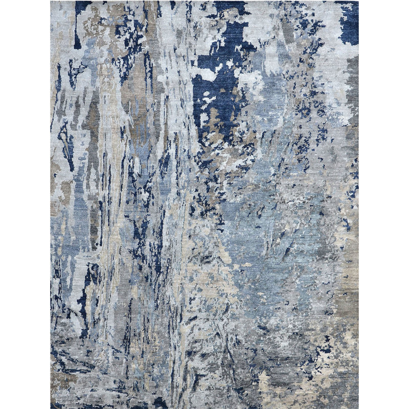 Hand Knotted Abstract Area Rug in Blue, Runner 4' x 10'