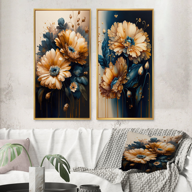 «Marguerite orange clair et bleu foncé», 2 pièces sur toile, Encadrement doré, H 40 po x l 40 po