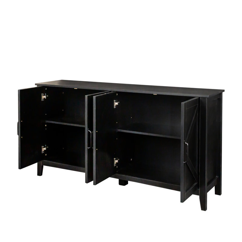 Armoire 4 portes et 4 tablettes ouvertes, buffet autoportant pour le bureau. Noir, 15,79 x 59,33 x 30,59 po, 91,1 lb, 40 kg de capacité de rangement. Portant