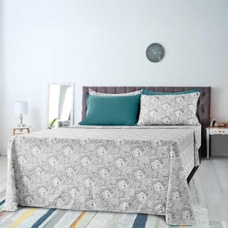 Leeson Microfiber Paisley Sheet Set, Gray, Queen Sheet Set + 1 Fitted Sheet +4 Pillowcases