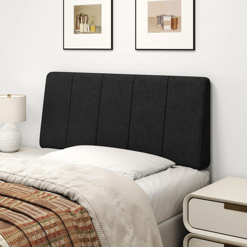 No Assembly Upholstered Headboard Linen Fabric Modern Style Extra Thick Foam, Beige, Queen