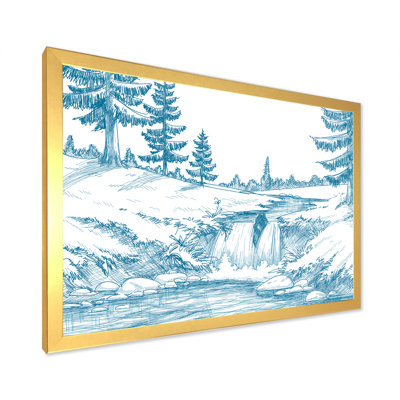 " Light Blue Mountain River On White " Painting Print