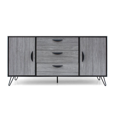 Console de buffet avec 3 tiroirs, 2 portes, 59 pouces, fer, bois gris