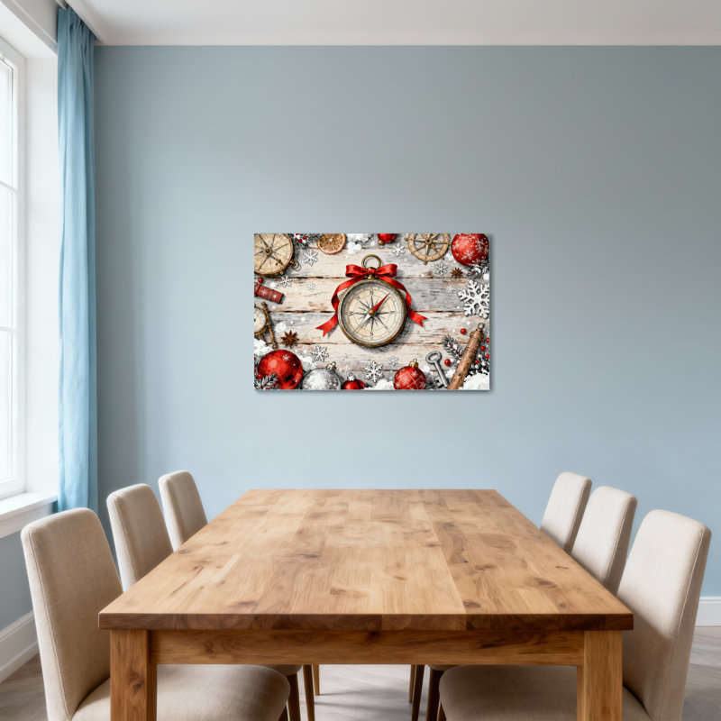 Boussole de Noël avec ruban rouge et ornements, H 32 po x l 48 po